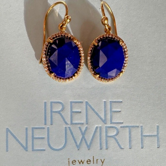 Designer IRENE NEUWIRTH 18K Yellow Gold Oval Lapis Lazuli Diamond Drop Earrings - Picture 11 of 15